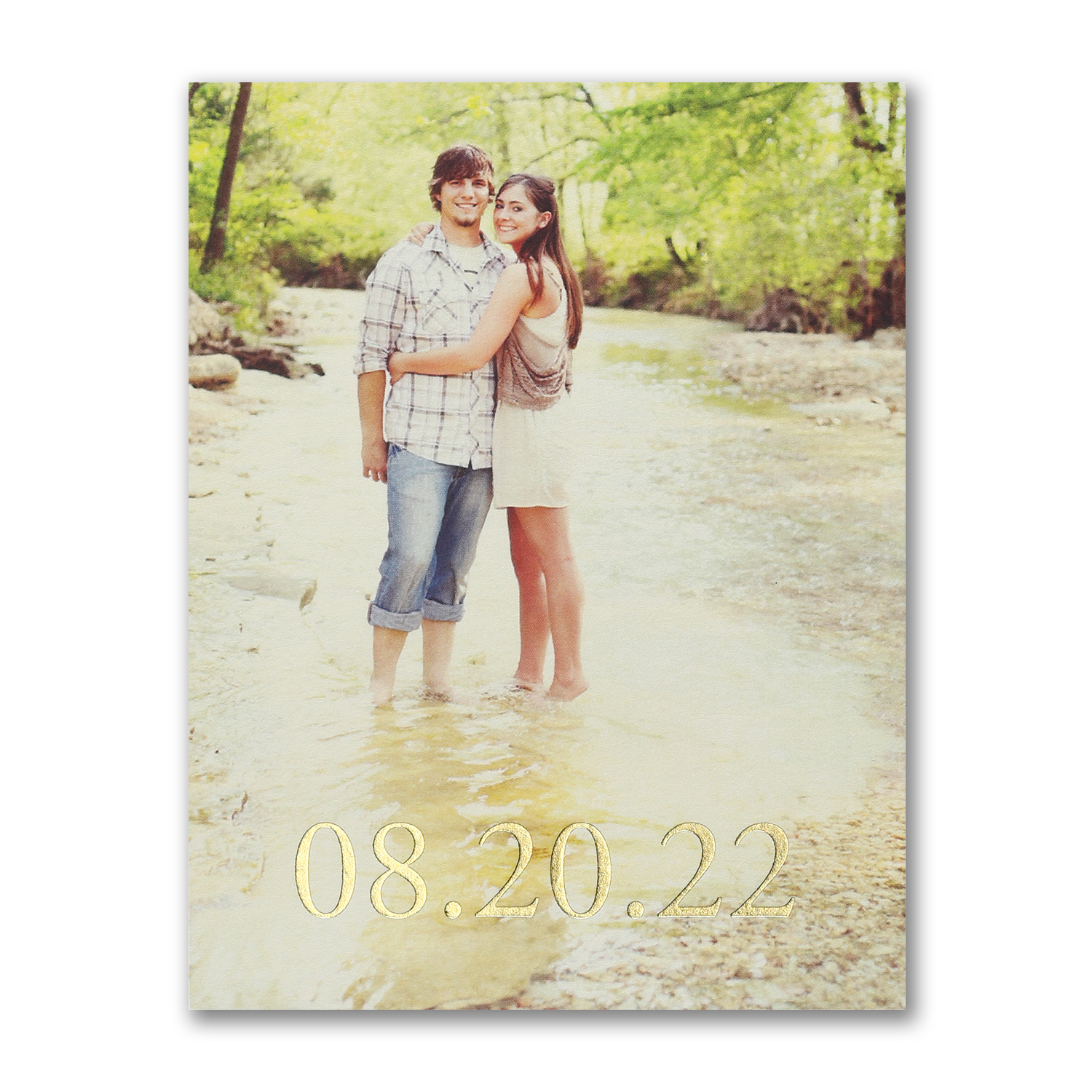 gold foil photo save the date postcard