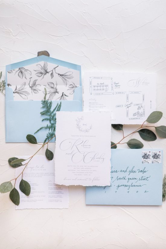deckled edge wedding invitation watercolor blue envelopes