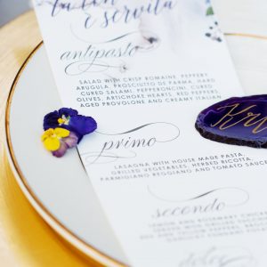 violet watercolor wedding menu