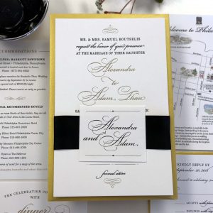 gold foil and letterpress custom invitation digital map wedding invitations