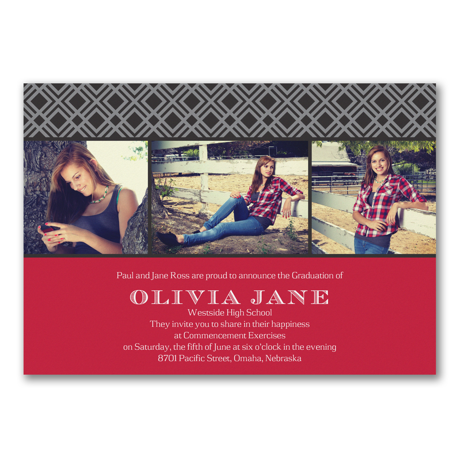 geometric photo red and black graduation announcement