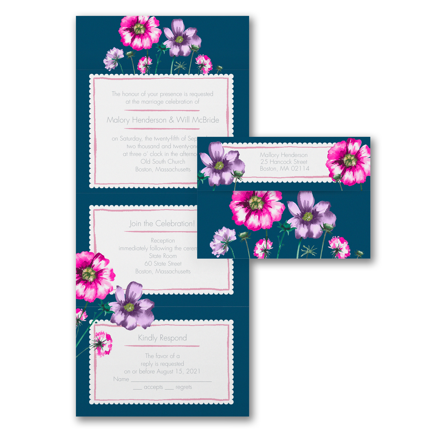 watercolor florals all in one wedding invitations