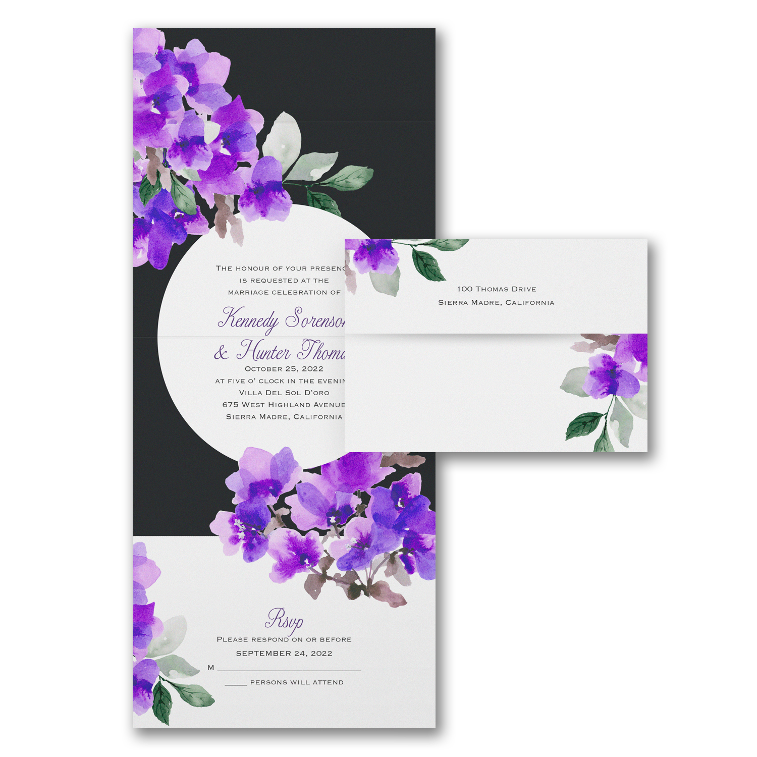 floral black and white wedding invitation
