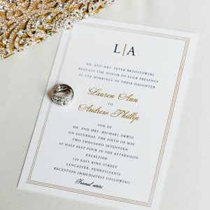 black thermography gold foil wedding invitation