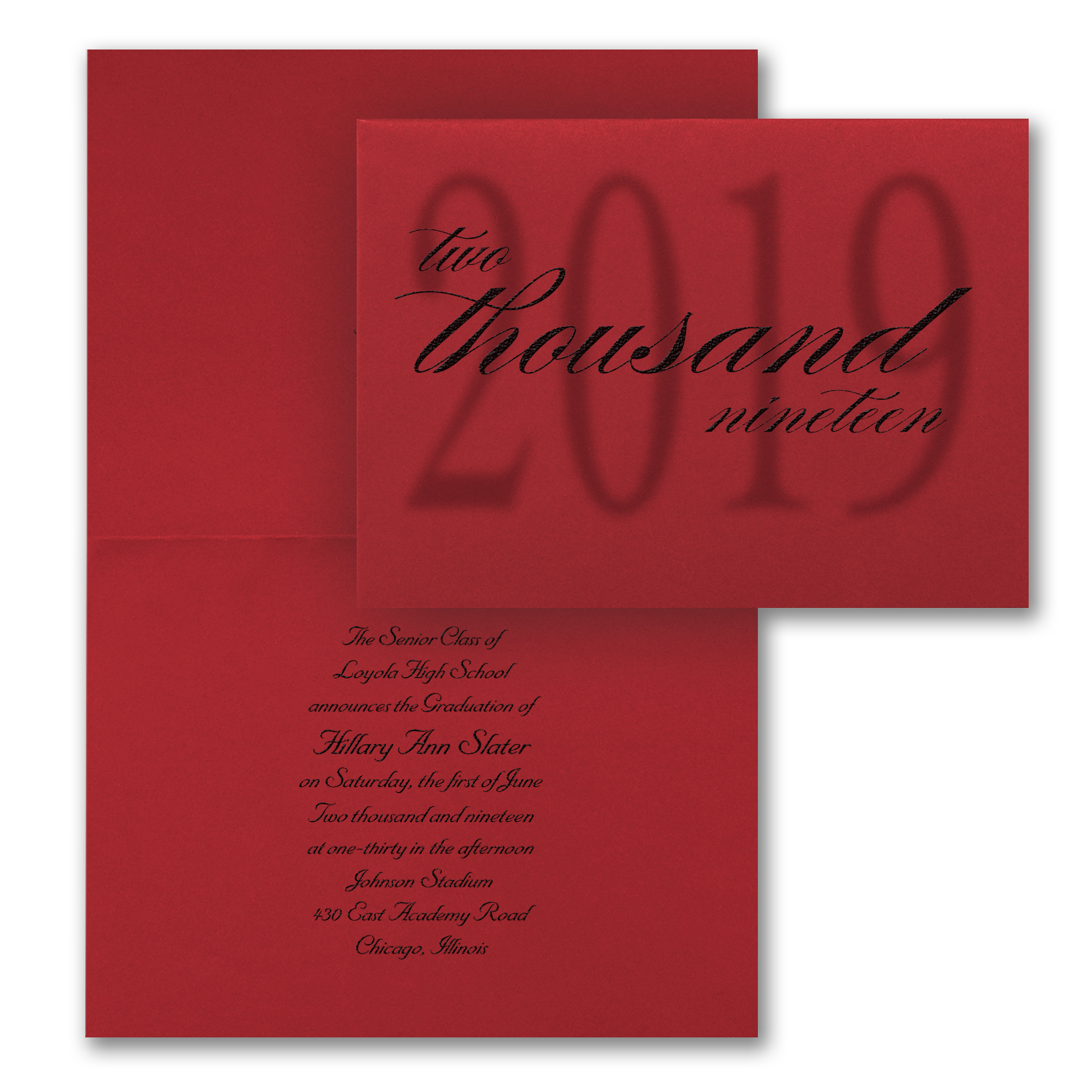 red shaded year folded graduation announcement