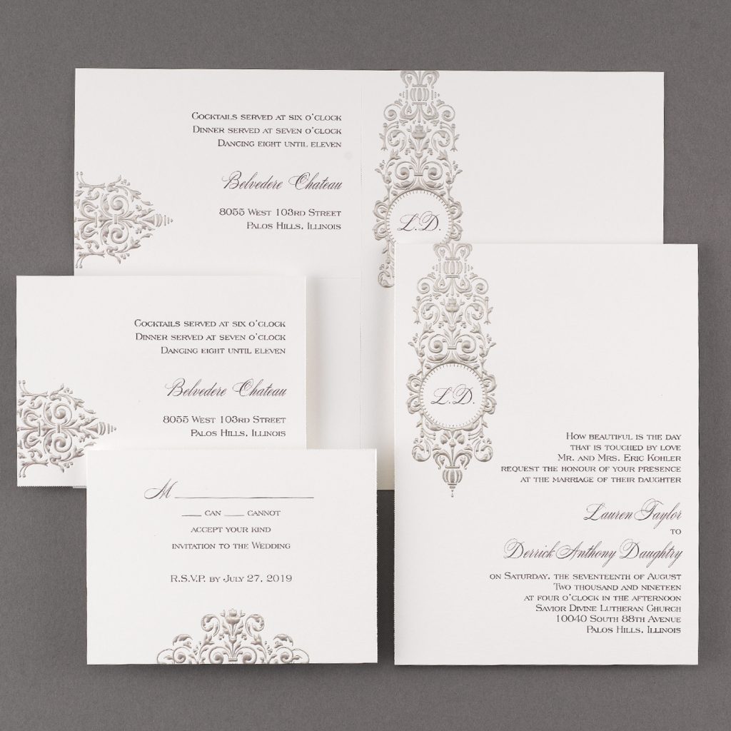 silver damask wedding invitation budget friendly